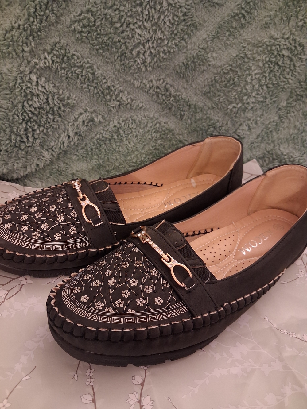 Black Embroidered Slip-On Loafers with Gold Accent